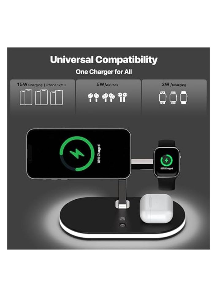 erorex Wireless Charger Station with MagSafe 5-in-1 Aluminum Alloy Magnetic Fast Induction,15W Wireless Charger Stand With LED Lamp and Adapter For iPhone 15/14/Pro/Pro Max, Samsung Phones, AirPods 3/2/Pro  - Image 2