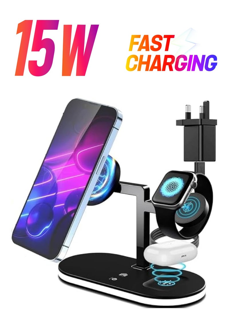erorex Wireless Charger Station with MagSafe 5-in-1 Aluminum Alloy Magnetic Fast Induction,15W Wireless Charger Stand With LED Lamp and Adapter For iPhone 15/14/Pro/Pro Max, Samsung Phones, AirPods 3/2/Pro  - Image 1