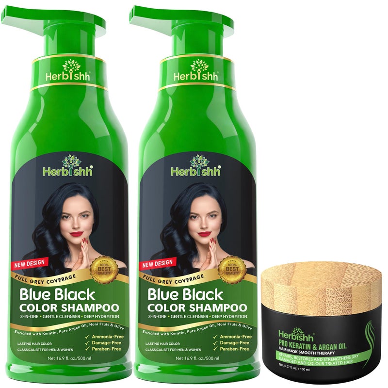 Herbishh Combo Pack2pcs Herbishh Hair Color Shampoo for Gray Hair 1pc Argan Intense Hair Mask Hair Dye Shampoo Colors Hair in Minutes Longlasting color 500 Ml Stimulates Dry Frizzy Hair Blue Black - Image 2