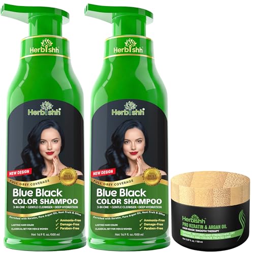 Herbishh Combo Pack2pcs Herbishh Hair Color Shampoo for Gray Hair 1pc Argan Intense Hair Mask Hair Dye Shampoo Colors Hair in Minutes Longlasting color 500 Ml Stimulates Dry Frizzy Hair Blue Black - Image 1