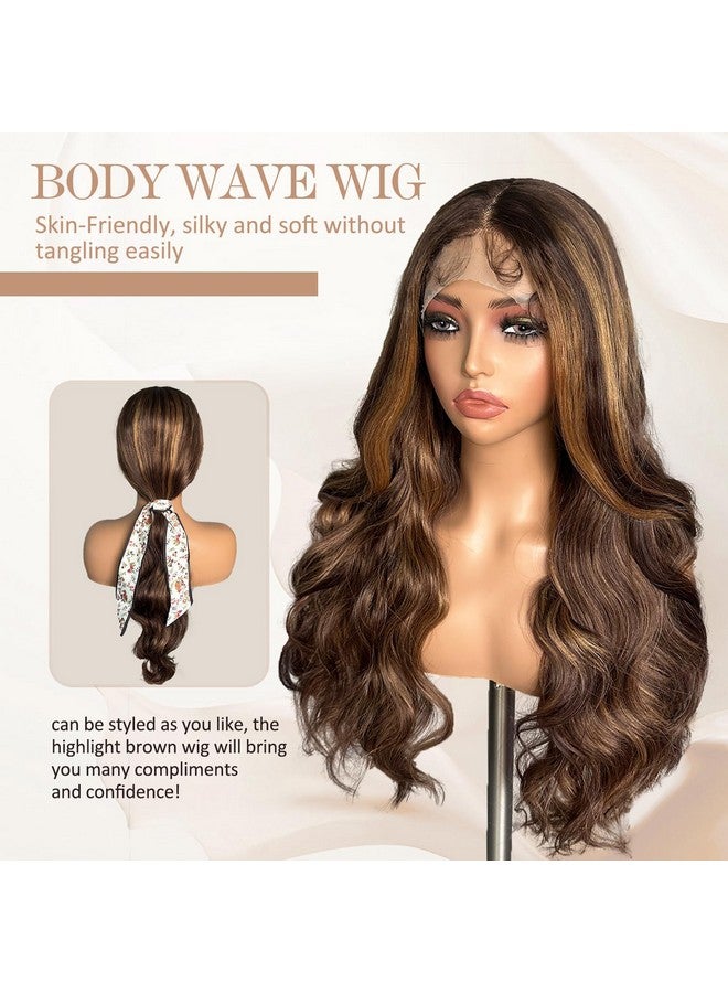 SOKU Highlight Brown Wavy Wigs For Black Women Long Body Wave Lace Front Wig 28 Inch Glueless Middle Part Wig Pre Plucked Hairline With Baby Hair For Daily Wearing - Image 2