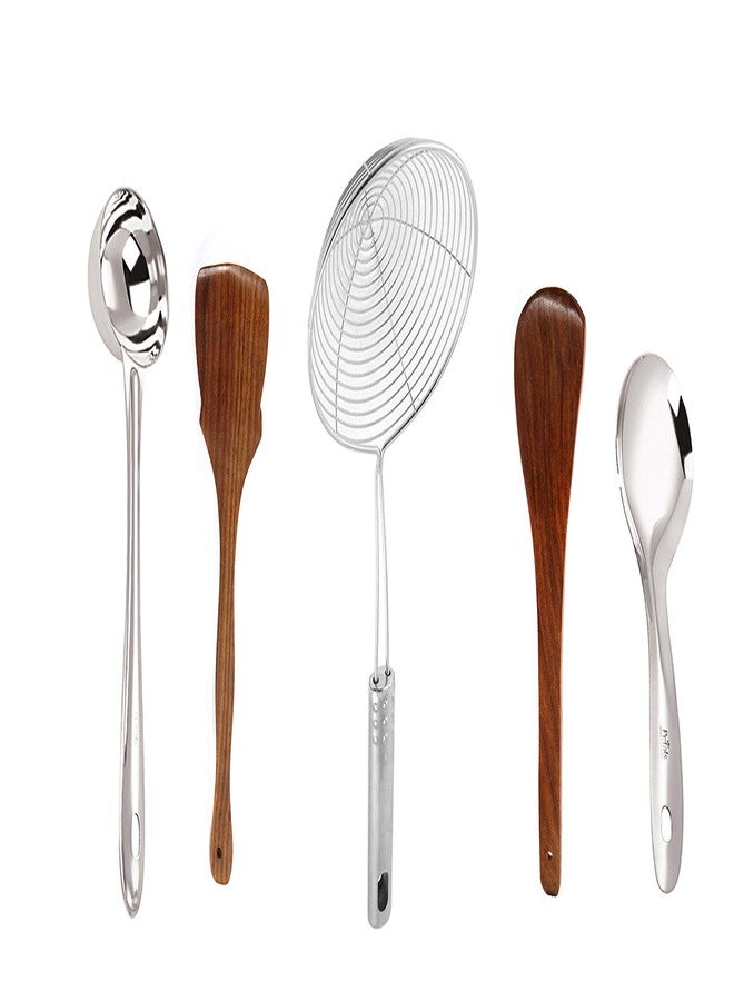ملاعق/ملاعق مسطحة/ملاعق تقليب للطبخ من الفولاذ المقاوم للصدأ والخشب من بيتالز، طقم من 5 قطع، 29.5 سم