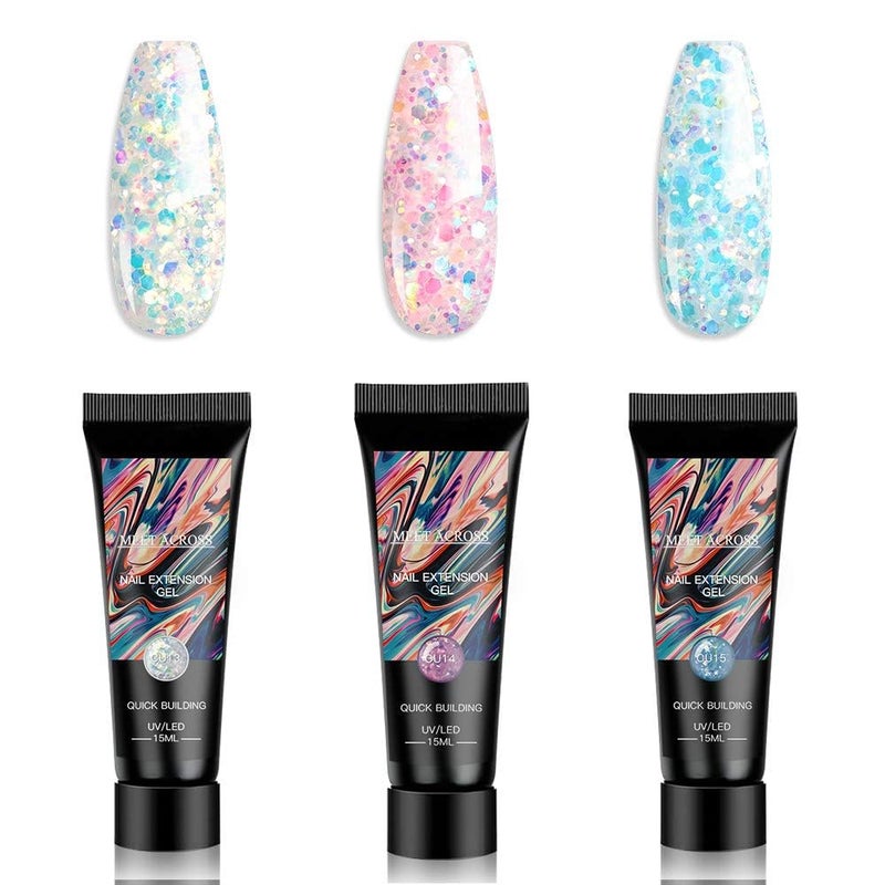 MEET ACROSS Glitter Poly Nail Extension Gel Kit, 3 Colors Silver Pink Blue Quick Building Builder for Nails Art Salon at Home, Quick Building Nail Extensions Gel - Image 1
