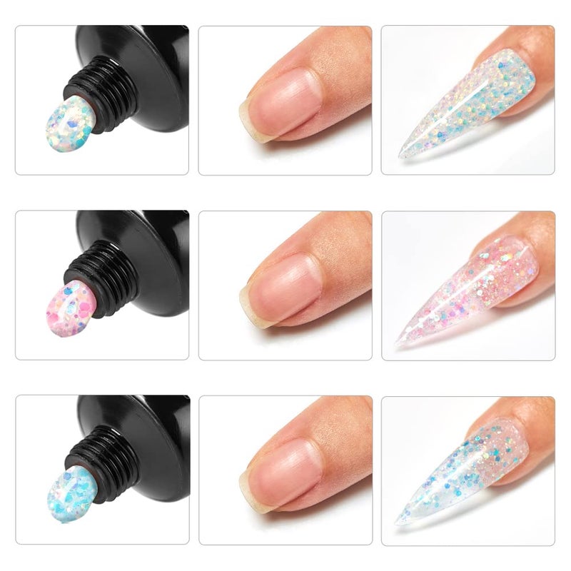 MEET ACROSS Glitter Poly Nail Extension Gel Kit, 3 Colors Silver Pink Blue Quick Building Builder for Nails Art Salon at Home, Quick Building Nail Extensions Gel - Image 2