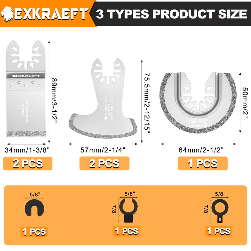 EXKRAEFT 5PCS Diamond Oscillating Multi Tool Blades for Grout Removal, Tile Mortar Concrete Masonry, Fits Milwaukee Ryobi Rockwell Fein - Image 2