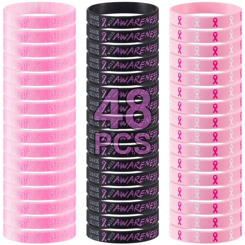 Biubee 48Pcs Breast Cancer Awareness Accessories Bracelets Pink Ribbon Silicone Courage Wristbands for Breast Cancer Awareness Party Supplies Favors Women Survivor Gifts