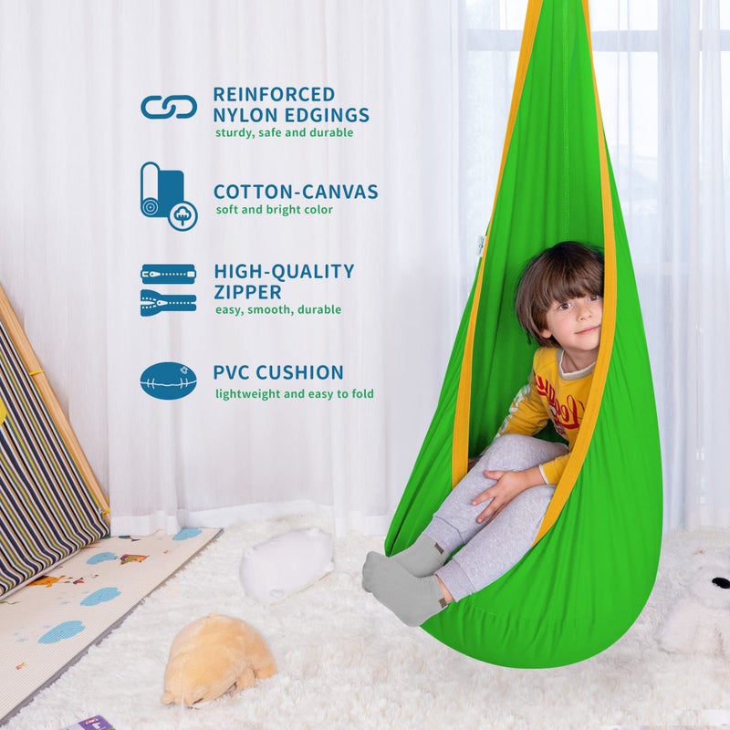 OUTREE Kids Pod Swing Seat, Cotton Child Hammock Swing Chair,Sensory Swing for Indoor and Outdoor Use,Green and Yellow - Image 3