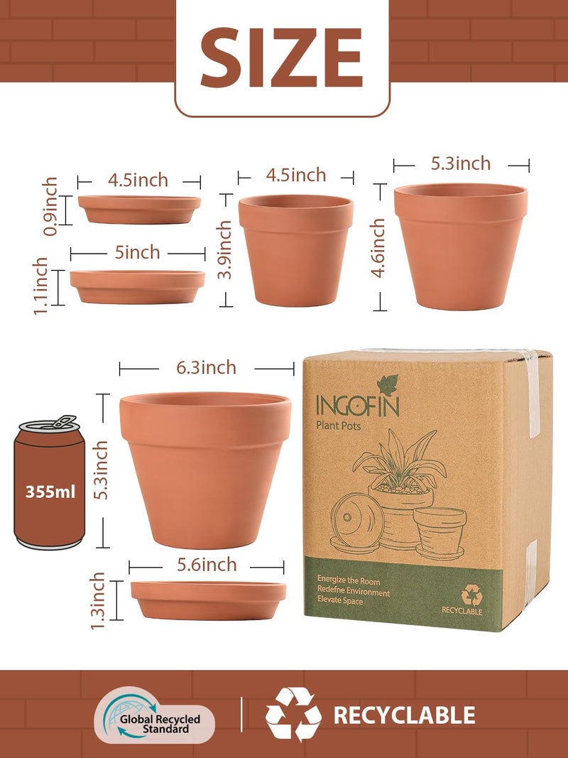 INGOFIN Terracotta Pots Set with Saucer - 5/6/7 inch Ceramic Clay Planters with Drainage Hole, Garden Flower Succulent Pots with Tray for Indoor Outdoor Plants, Set of 3 - Image 2