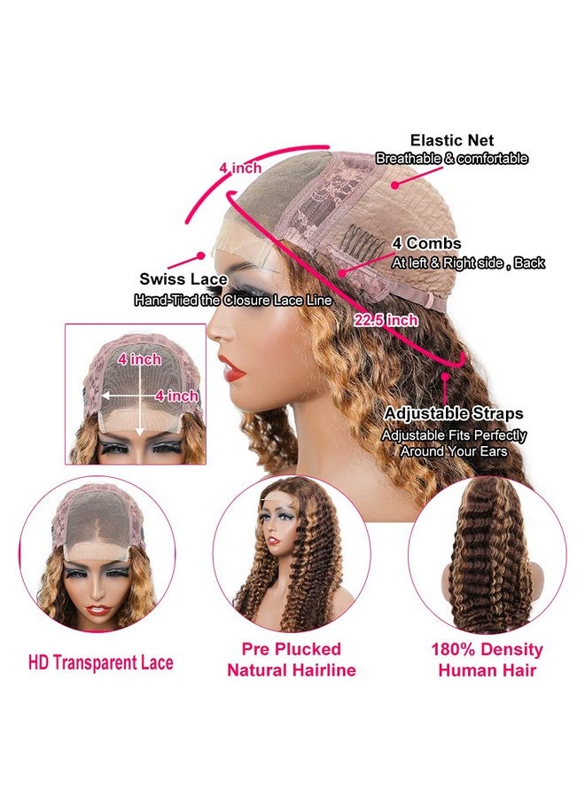 BLY Glueless Highlight Human Hair Wear And Go Lace Front Bob Wigs Deep Wave 4/27 Ombre Colored Wigs For Women Pre Plucked 14 Inch Curly Water Wave Wig Honey Blonde - Image 4