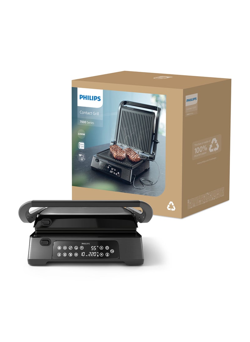 Philips 7000 Series Contact Grill- 2200W,Opens 180° for countertop grilling,Precision digital control,8 preset functions ,adjustable height,handle lock,Removable drip tray,2year warranty HD6307/70 Black - Image 4