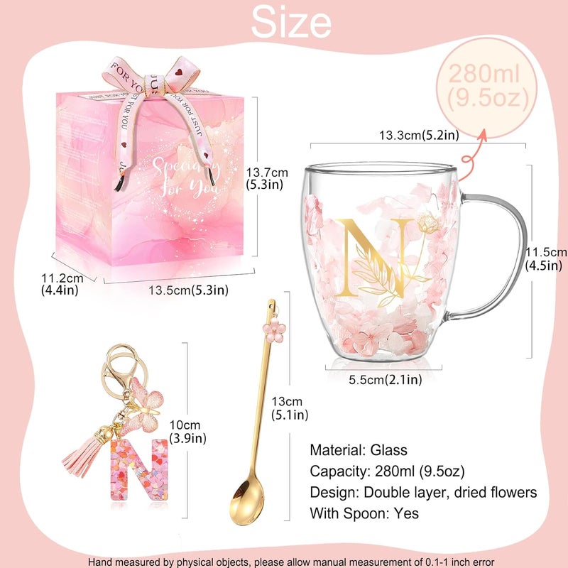 BigNoseDeer Gifts for Women Glass Coffee Mugs Unique Birthday Gift for Women Her Ladies Espresso Tea Cups Personalised Friendship Wedding Gifts Cute Double Walled Glass Mugs Pink Stuff Graduation Gift (Letter N) - Image 5