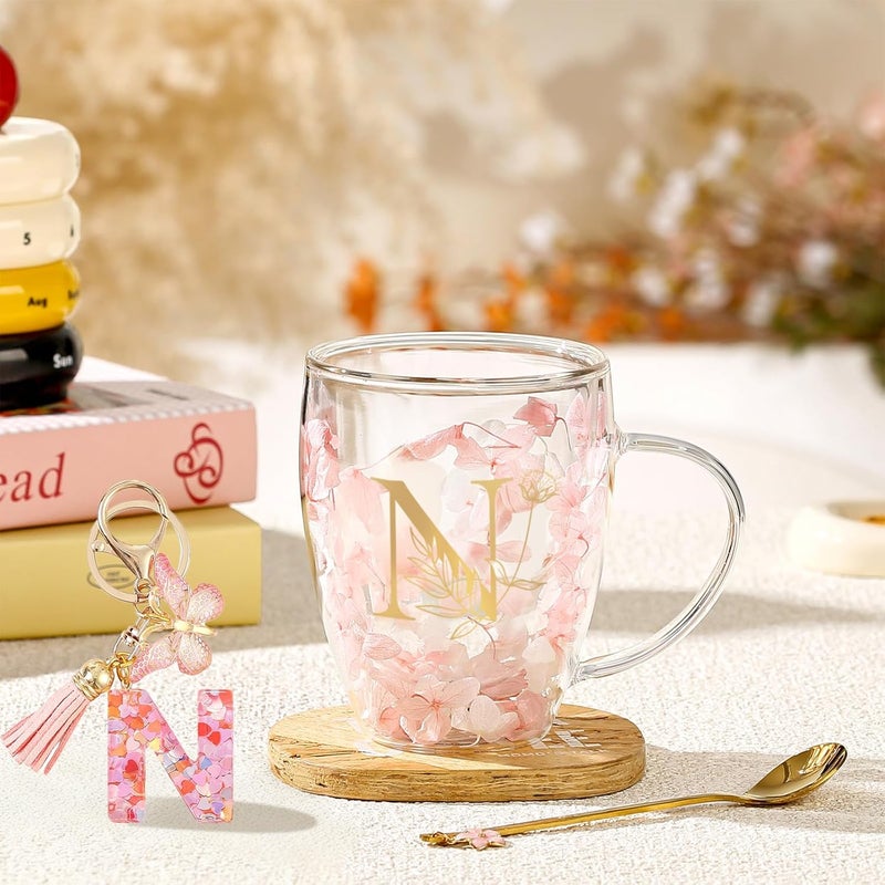BigNoseDeer Gifts for Women Glass Coffee Mugs Unique Birthday Gift for Women Her Ladies Espresso Tea Cups Personalised Friendship Wedding Gifts Cute Double Walled Glass Mugs Pink Stuff Graduation Gift (Letter N) - Image 4