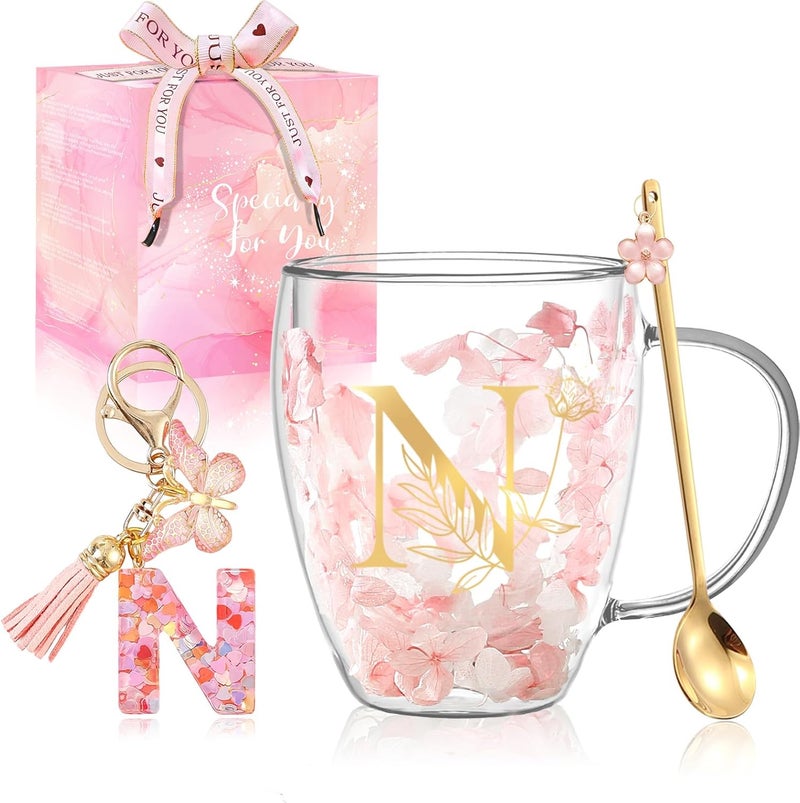 BigNoseDeer Gifts for Women Glass Coffee Mugs Unique Birthday Gift for Women Her Ladies Espresso Tea Cups Personalised Friendship Wedding Gifts Cute Double Walled Glass Mugs Pink Stuff Graduation Gift (Letter N) - Image 1
