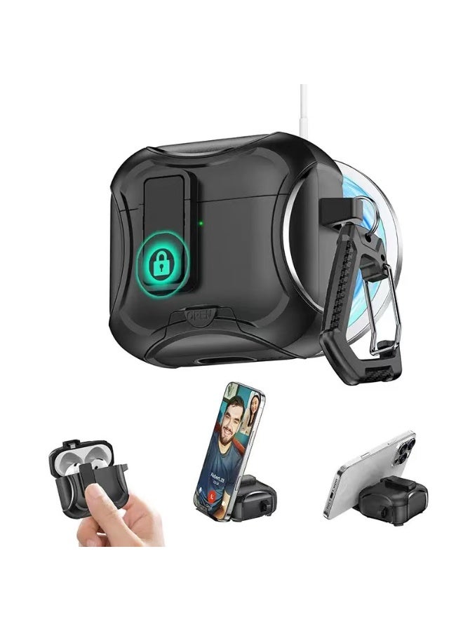 DKNG Suitable for AirPods Pro 3 case, features include a magnetic stand design and shockproof lock function. The AirPods Pro 3 case supports wireless charging through the case and comes with a metal clasp. Black.