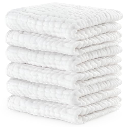 Comfy Cubs Muslin Baby Washcloths 6 Pack Soft 6Layer Cotton Wash Cloths for Sensitive Skin 10x10 Large Gentle Absorbent Infant Essentials for Newborn and Toddlers White - Image 1