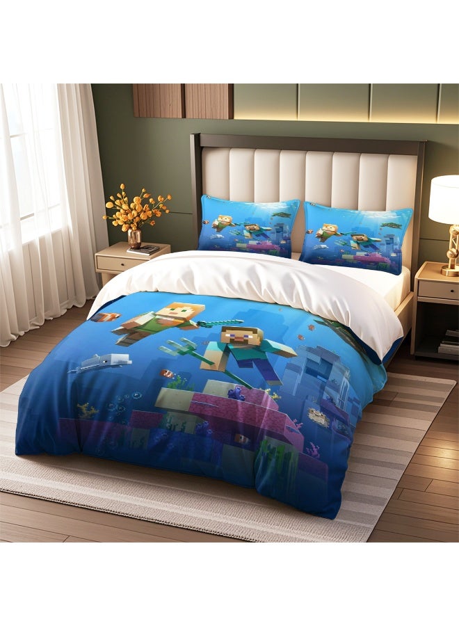 ماين كرافت طقم مفروشات بنمط إبداعي من ثلاث قطع مع ملاءات بوليستر ناعمة من الألياف الدقيقة ، بما في ذلك غطاء لحاف وغطاء وسادة (غطاء لحاف مقاس 150 سم × 200 سم) - Image 1