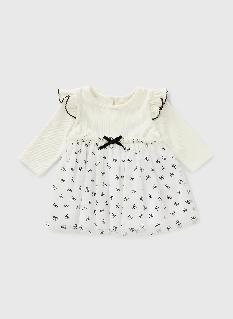 Matalan Baby Cream Mono Bow Mesh Dress
