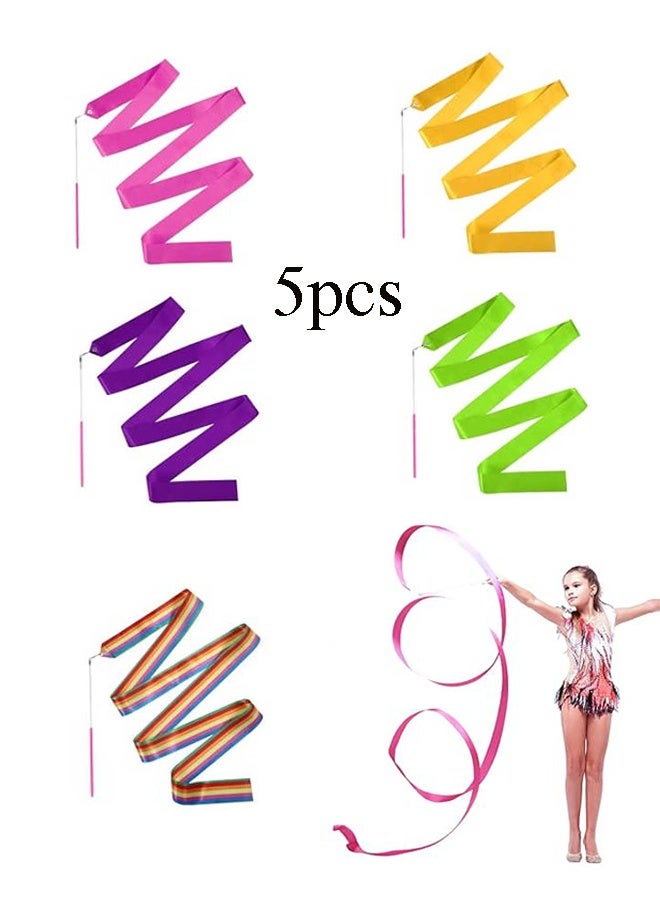 YJ Streamers Rhythmic Dance Ribbons, 5 Pieces Rainbow Streamers Rhythmic Gymnastics Ribbon Baton Twirling Wands on Sticks for Kids Artistic Dancing, (Rainbow, Rose Red, Orange, Purple, Green) - Image 1