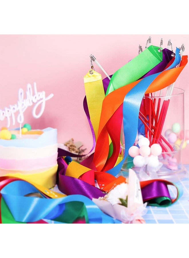 YJ Streamers Rhythmic Dance Ribbons, 5 Pieces Rainbow Streamers Rhythmic Gymnastics Ribbon Baton Twirling Wands on Sticks for Kids Artistic Dancing, (Rainbow, Rose Red, Orange, Purple, Green) - Image 4