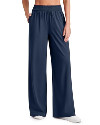 G4Free Flowy Pants for Women Quick Dry Travel Pants Open Bottom Wide Leg Pants Pull On Workout Yoga Trouser (Dark Blue,L,27") - Image 1