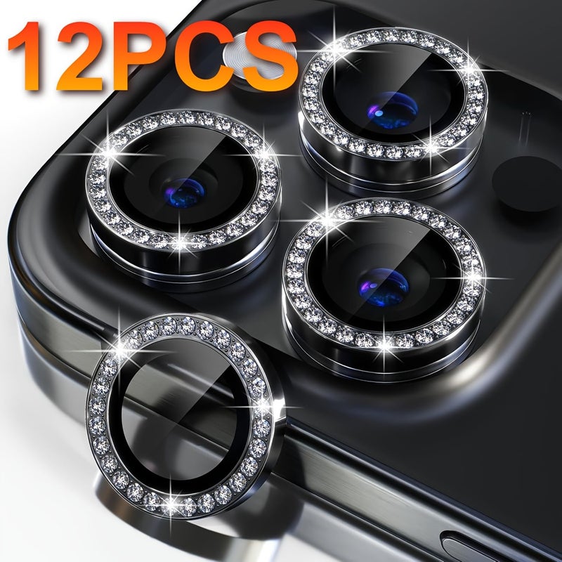 12Pcs Black Diamond Lens Protector for iPhone 13 Pro 13 Pro Max 9H - Image 1