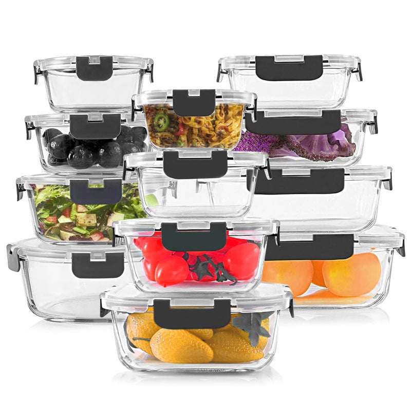 12?Piece Multipurpose Glass Meal Prep Container Set for Kitchen Storage  Organization  Leak?Proof Lunch Box Dishwasher Safe Airtight