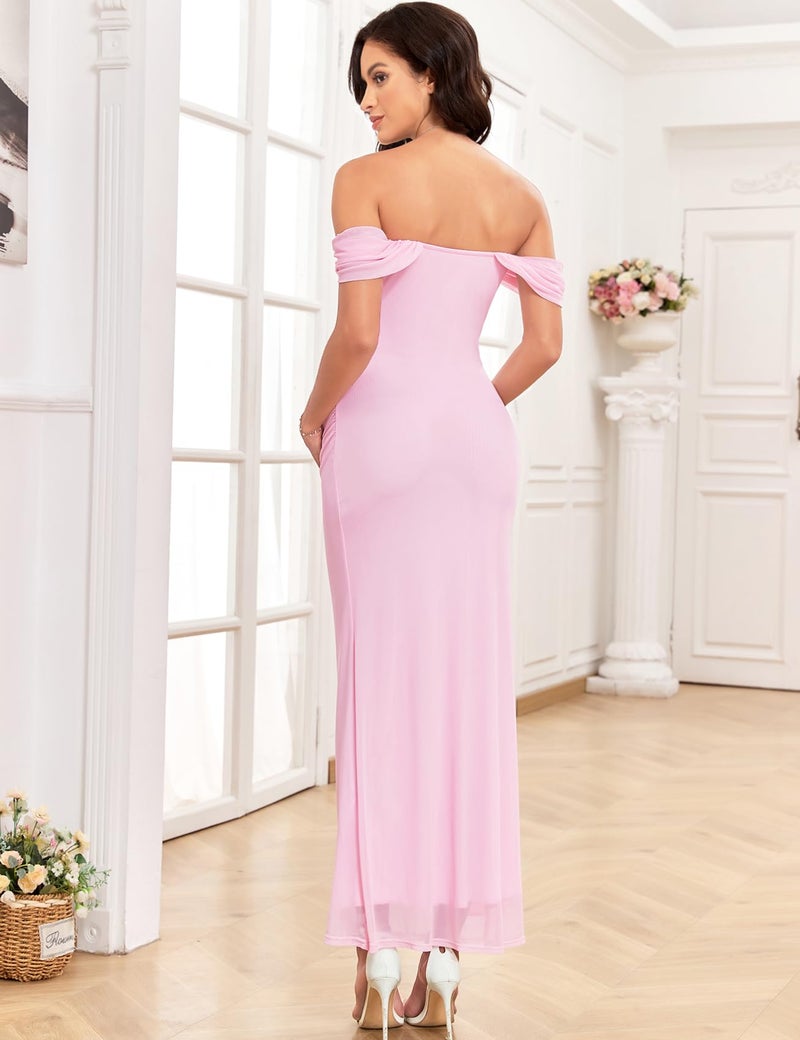 AISWI Women's Maternity Off The Shoulder Maxi Dress Mesh Ruched Bodycon Pregnancy Dresses Baby Shower Photoshoot, Pink, Medium - Image 2