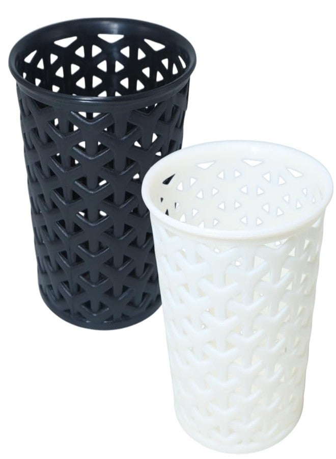 MORVI Linea Small Round Plastic Multipurpose Organizer For Kitchen, Bathroom, Salon, Office|Stationery,Cutlery,Pen,Makeup Brushes Holder|Hanging Toothbrush Stand |Pack Of 2 | BLACK WHITE - Image 1