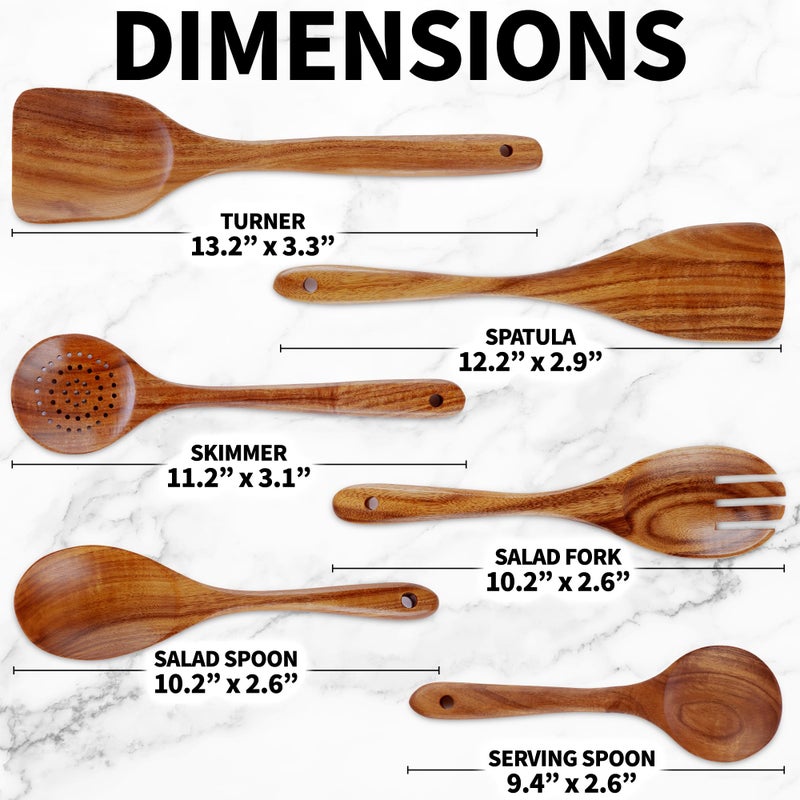 Zulay Kitchen 6-Piece Wooden Cooking Spoons Set - Heat-Resistant, Smooth Teak Utensils with Comfort Grip - Lightweight & Durable - Easy to Clean, Perfect for Non-Stick Cookware - Image 4
