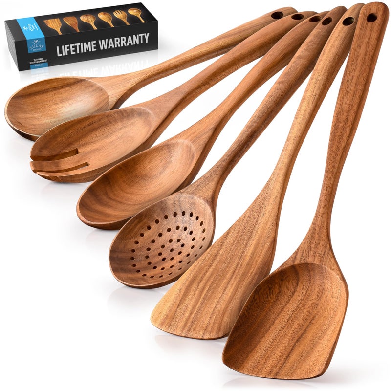 Zulay Kitchen 6-Piece Wooden Cooking Spoons Set - Heat-Resistant, Smooth Teak Utensils with Comfort Grip - Lightweight & Durable - Easy to Clean, Perfect for Non-Stick Cookware - Image 1