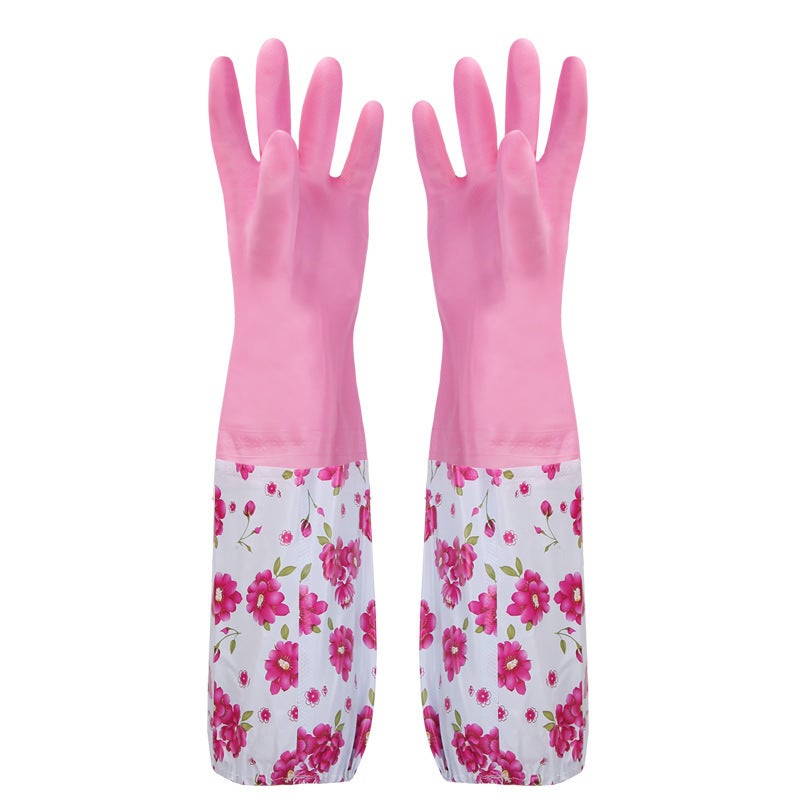 Fleece-lined dishwashing gloves winter sleeve thickened rubber kitchen cleaning sanitary household laundry latex warm gloves Dark pink 
