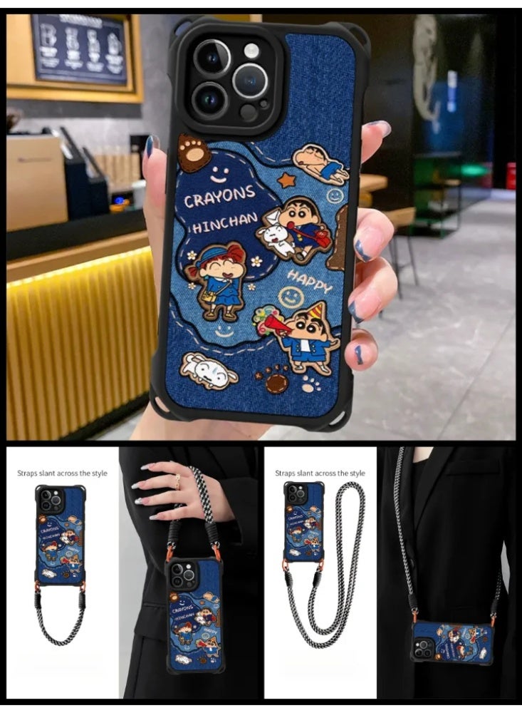 Crayon Shin-chan Denim Embroidered Phone Case, Shockproof Silicone Cover with Crossbody Strap for iPhone 17 All Series