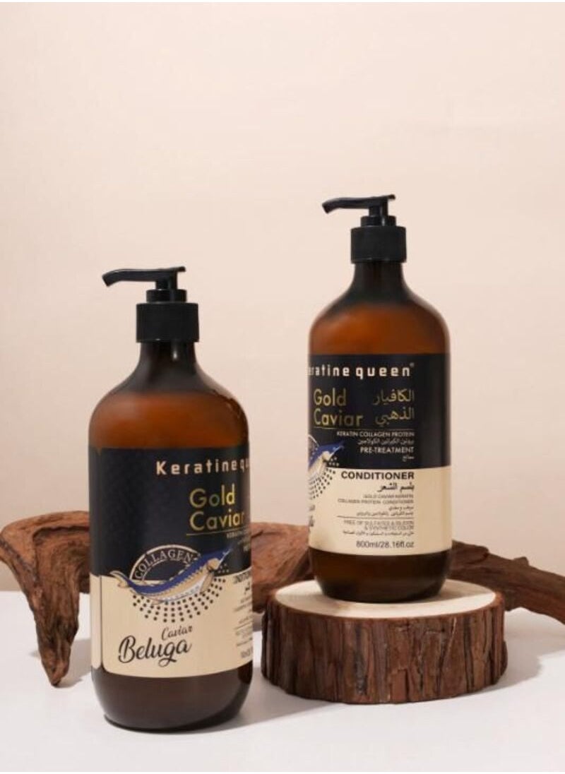 Keratine queen - Gold Caviar Keratin Collagen Protein Hair Treatment Shampoo and Conditioner Set 800ml Shampoo and Conditioner 800ml - Image 1