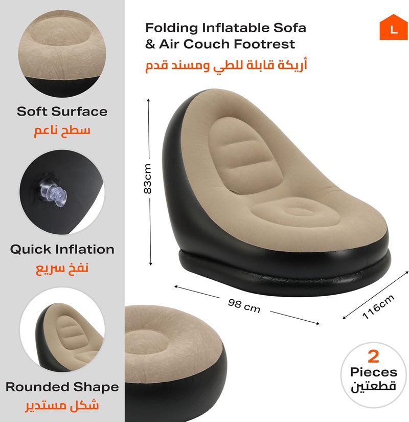 Inflatable Lounge Chair - 116x98x83cm - Folding Inflatable Sofa with Air Couch Footrest, Portable Lazy Necessity Furniture for Gaming, Reading, Camping, and Outdoor Relaxation - Black and Gray - Image 3