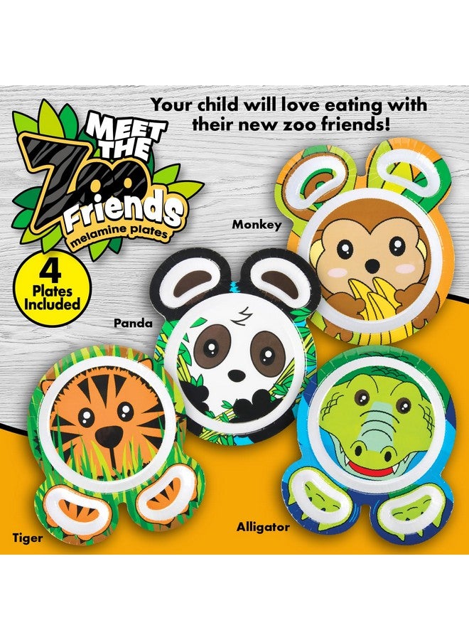 Bentology Zoo Friends Mealtime Melamine Feeding Plates Set Of 4 Different Cute Animal Pal Dishes For Kids Panda Alligator Tiger & Monkey Divided Compartments Bpa Free - Image 2