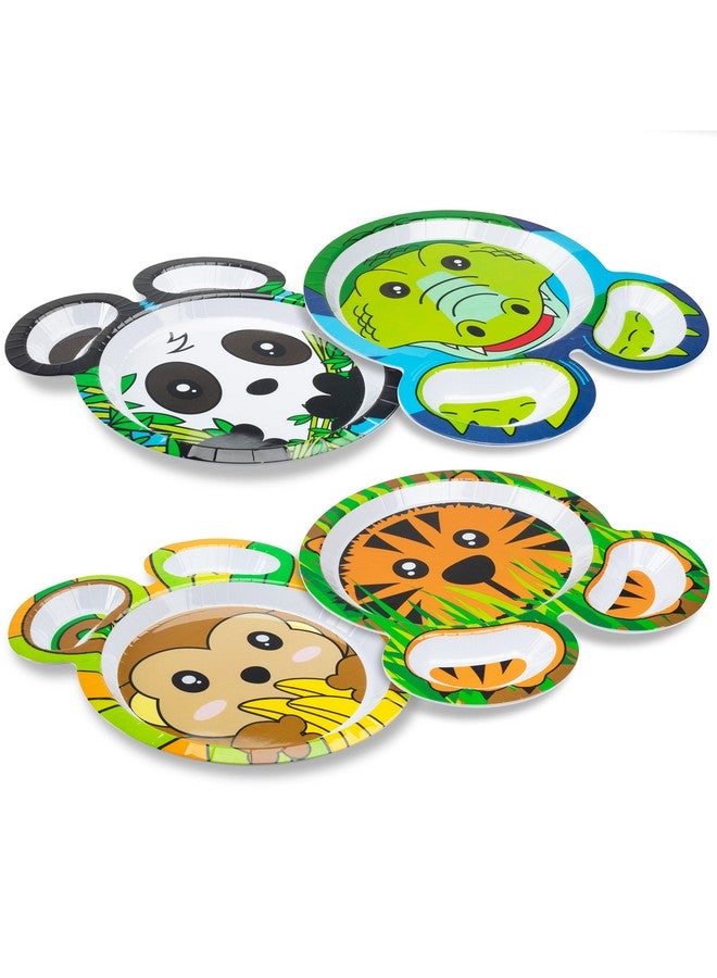 Bentology Zoo Friends Mealtime Melamine Feeding Plates Set Of 4 Different Cute Animal Pal Dishes For Kids Panda Alligator Tiger & Monkey Divided Compartments Bpa Free - Image 1