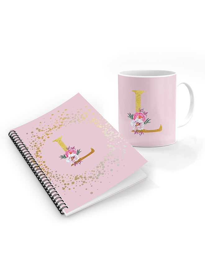 Stylizedd Printed Coffee Mug + A5 Spiral Notebook Memo Personalised Combo Gift Set Custom Monogram Initial Letter Floral Pattern Alphabet - L  (Pink ) 