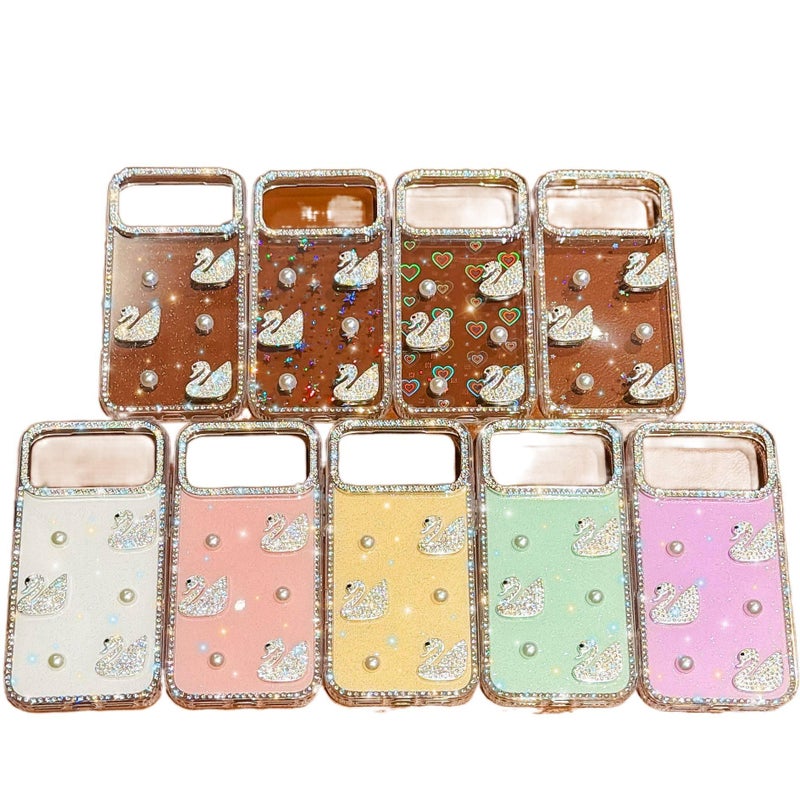 MS Acrylic Protective Case for iPhone 16 / 16 Plus / 16 Pro / 16 Pro Max with Drop Protection and Diamond Sparkle plus Shockproof plus IMD Technology plus Pearl Swan Pattern in Clear - Image 3