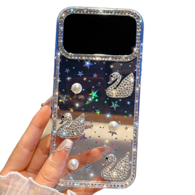 MS Acrylic Protective Case for iPhone 16 / 16 Plus / 16 Pro / 16 Pro Max with Drop Protection and Diamond Sparkle plus Shockproof plus IMD Technology plus Pearl Swan Pattern in Clear - Image 1