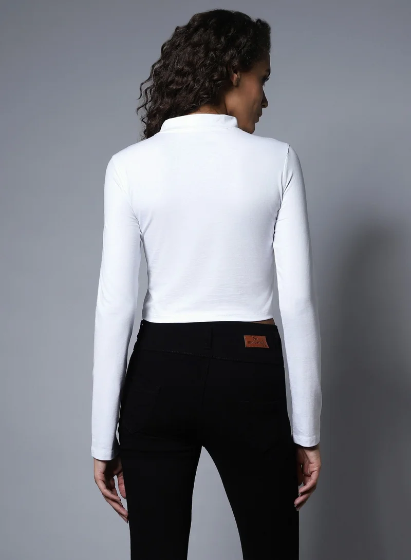 هاي ستار White Crop Top for Women, Choker Neck Full Sleeve