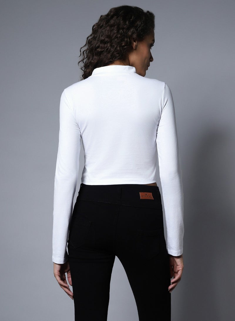 HIGH STAR White Crop Top for Women, Choker Neck Full Sleeve  - Image 3