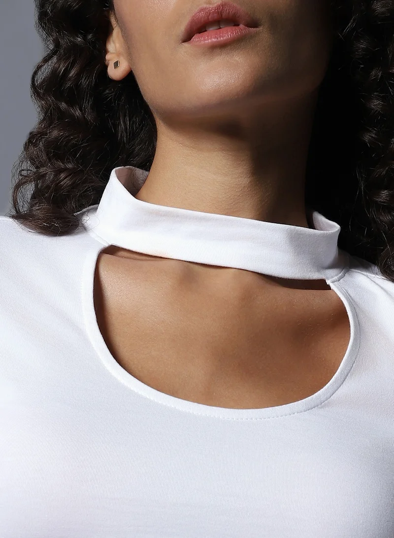 هاي ستار White Crop Top for Women, Choker Neck Full Sleeve