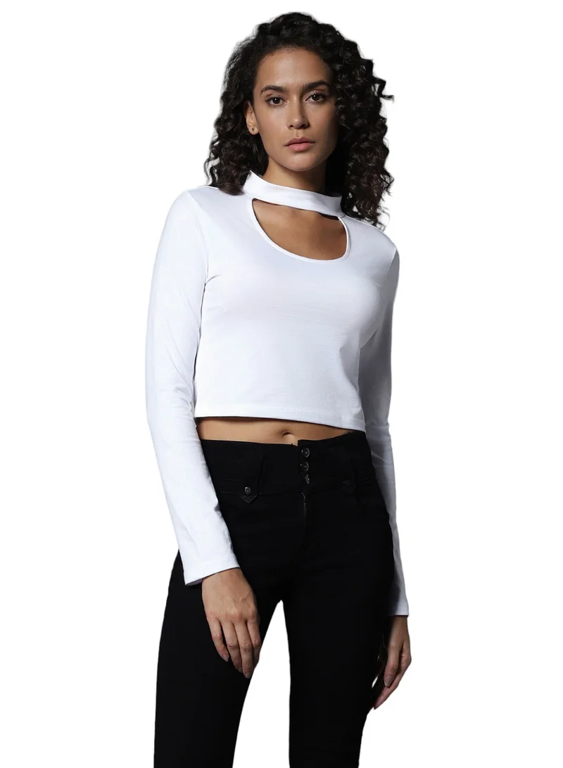 هاي ستار White Crop Top for Women, Choker Neck Full Sleeve
