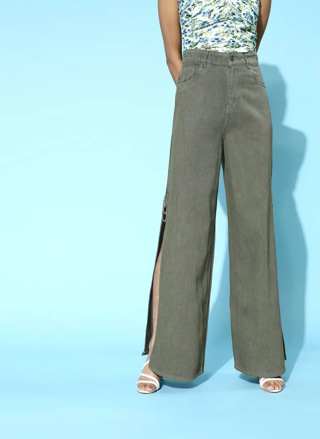 SASSAFRAS Lovely Olive High-Rise Straight Fit Jeans for Women