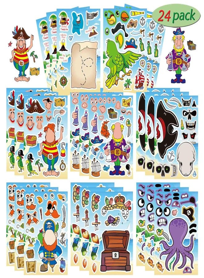 DUJAA 24 Sheets Pirate Stickers for Kids, Make Your Own Pirate Stickers, Make-a-face Stickers, Jolly Roger Stickers, Skull and Crossbones Stickers, Pirate Themed Party Decorations - Image 1