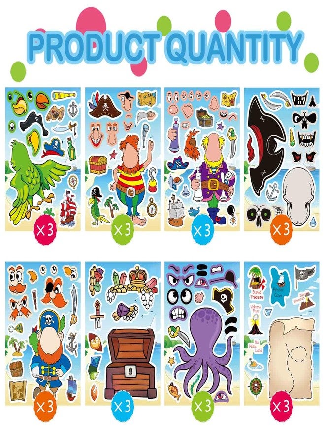 DUJAA 24 Sheets Pirate Stickers for Kids, Make Your Own Pirate Stickers, Make-a-face Stickers, Jolly Roger Stickers, Skull and Crossbones Stickers, Pirate Themed Party Decorations - Image 2