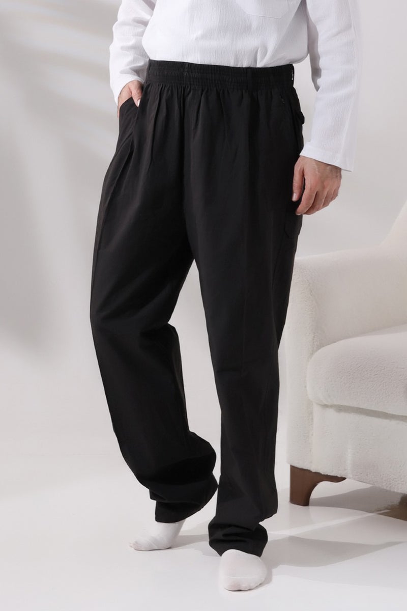 İhvan Online Men's Black Side Pocket Comfortable Cut Elastic Waist Cargo Hajj and Umrah Shalwar Trousers  - Image 1