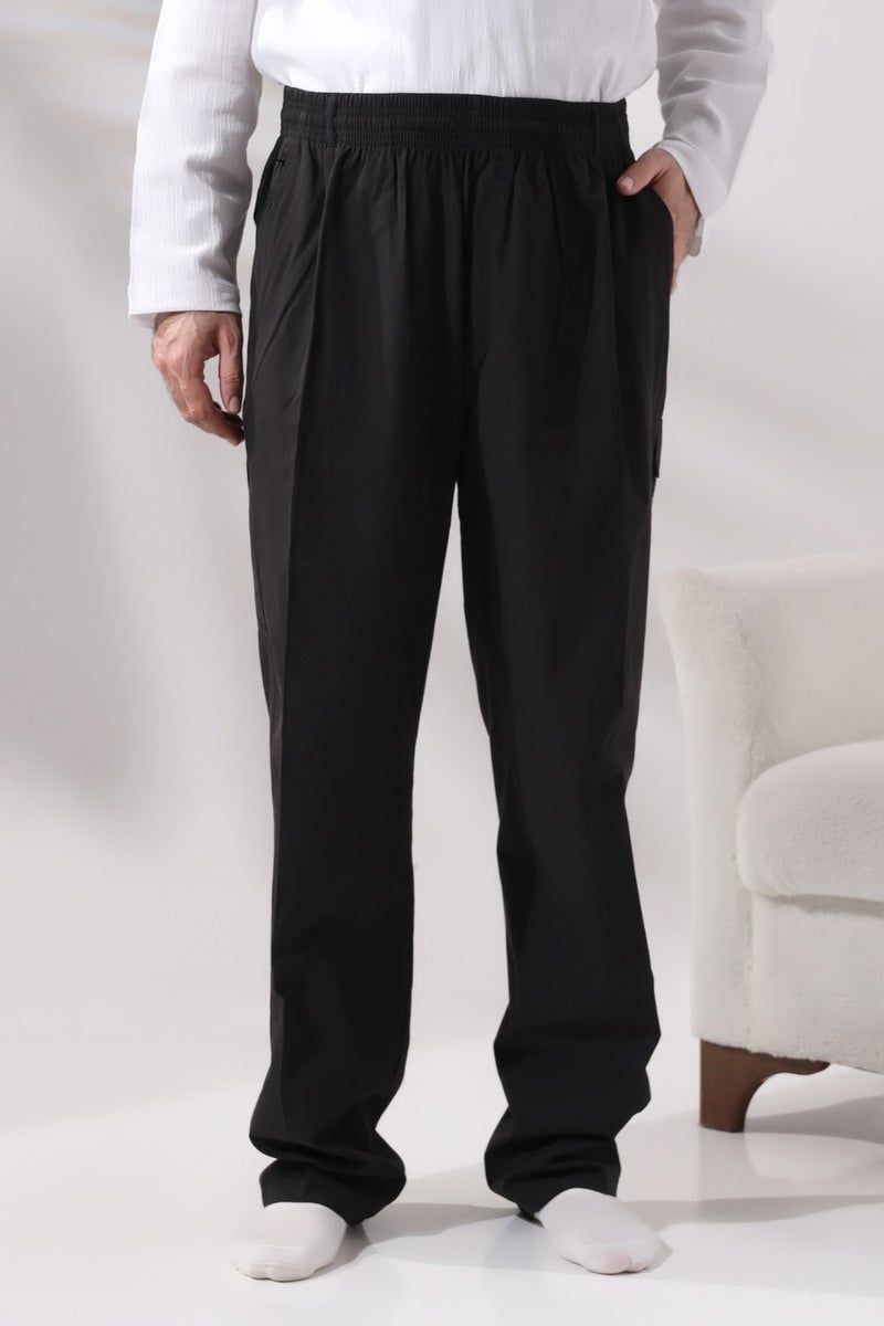 İhvan Online Men's Black Side Pocket Comfortable Cut Elastic Waist Cargo Hajj and Umrah Shalwar Trousers  - Image 3
