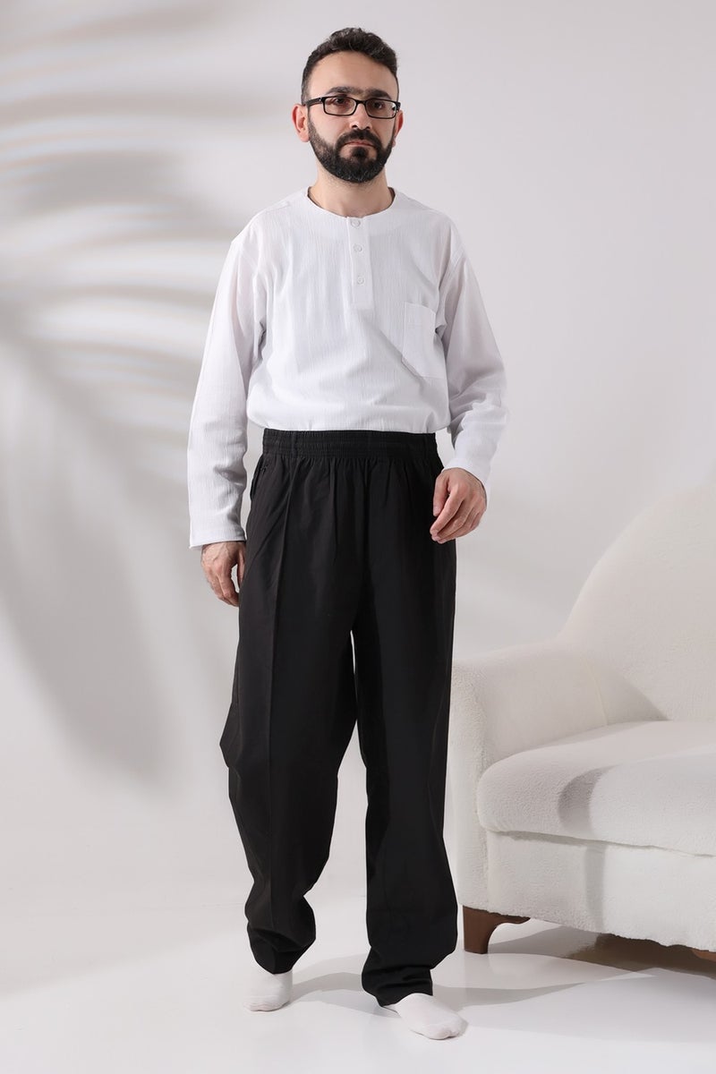 İhvan Online Men's Black Side Pocket Comfortable Cut Elastic Waist Cargo Hajj and Umrah Shalwar Trousers  - Image 2