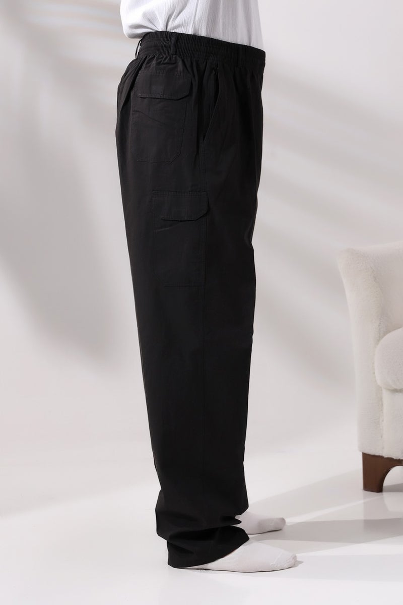 İhvan Online Men's Black Side Pocket Comfortable Cut Elastic Waist Cargo Hajj and Umrah Shalwar Trousers  - Image 4